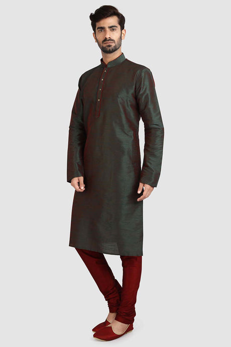 Buy Green Art Dupion Silk Plain Kurta Pajama Online - Karmaplace