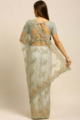 Net Embroidered Saree In Light Green