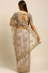 Net Embroidered Saree In Beige