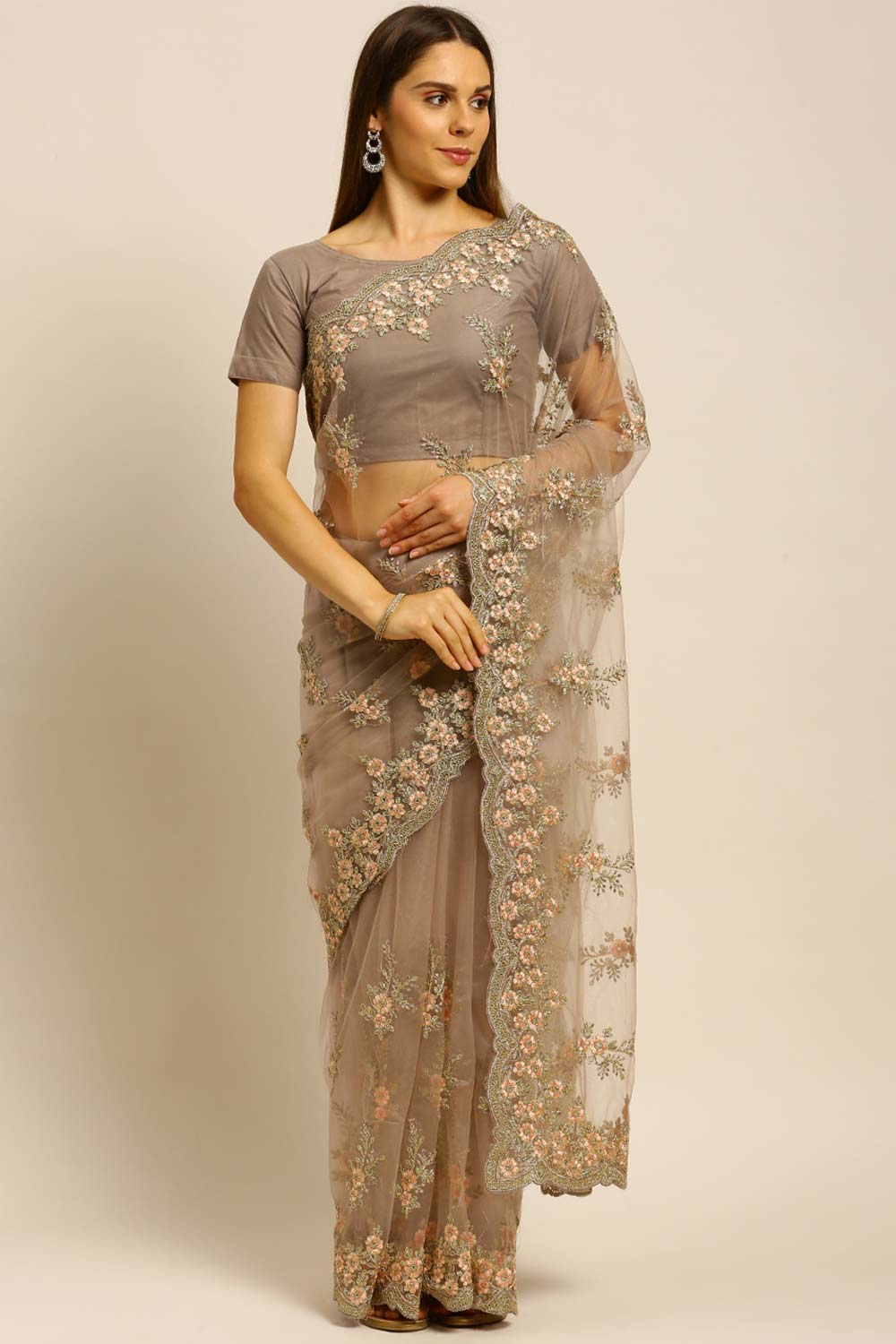 Net Embroidered Saree In Beige