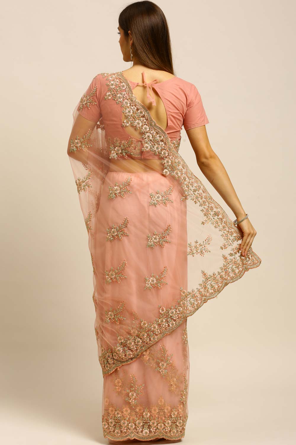 Net Embroidered Saree In Peach