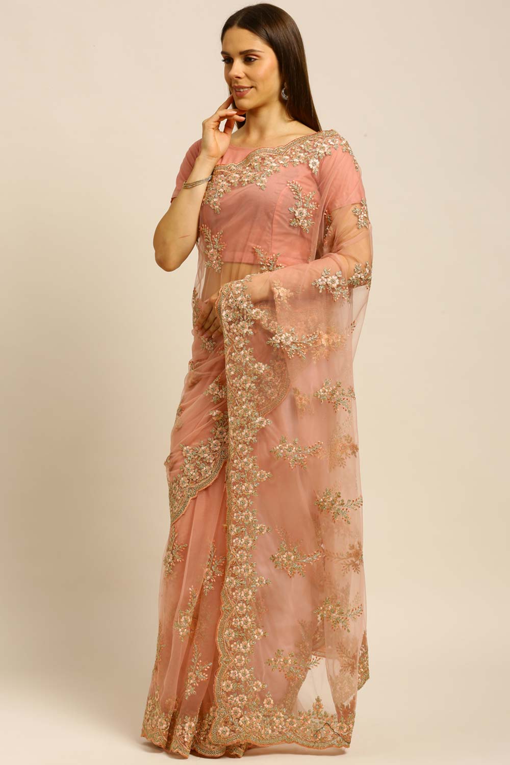 Net Embroidered Saree In Peach