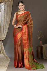 Orange Aura Silk Abstract Woven Design Taant Saree