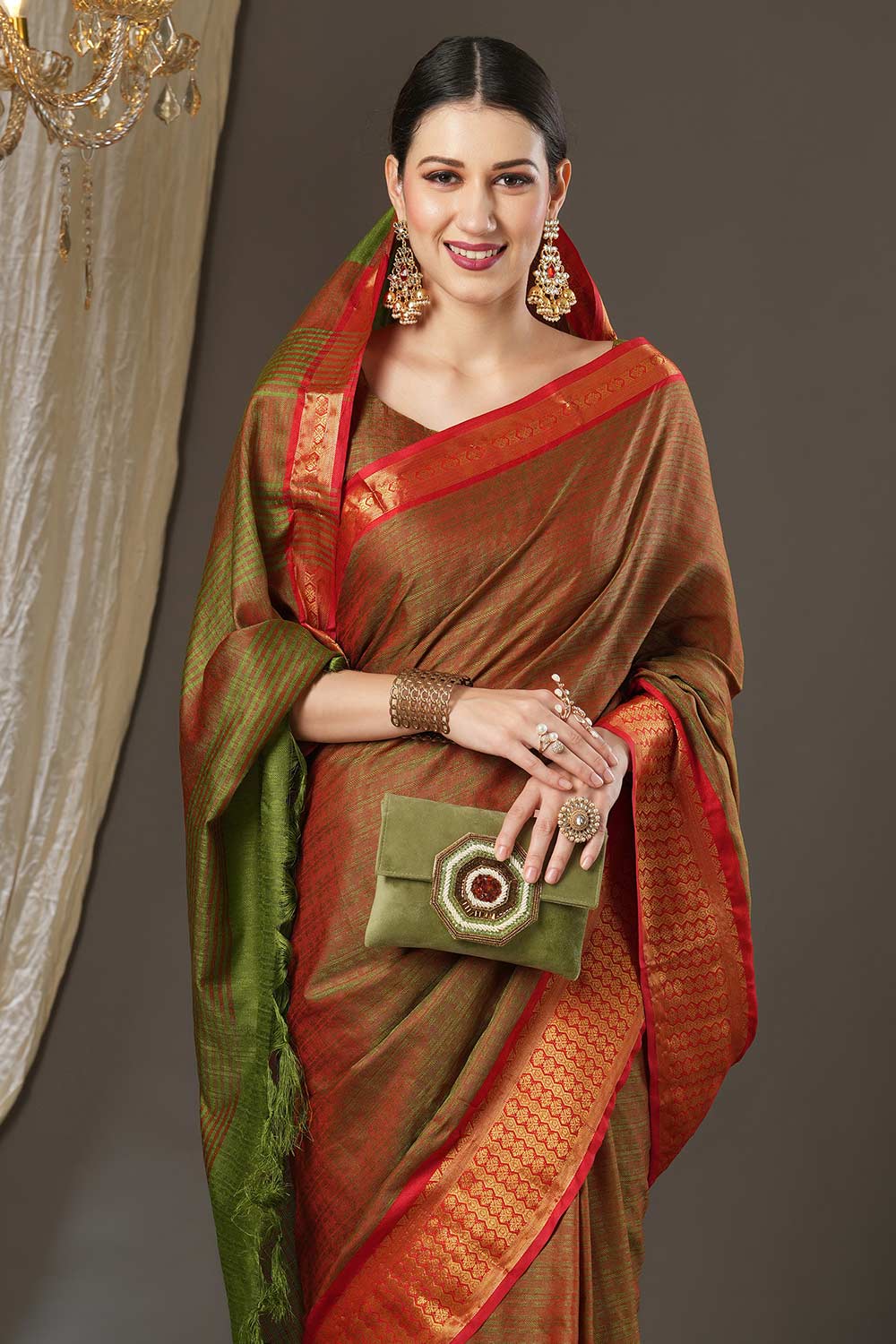 Orange Aura Silk Abstract Woven Design Taant Saree