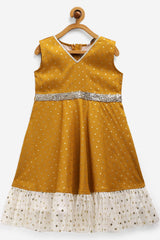 Girls Mustard Poly Silk Gold Foil Print Kids Dress Kurta
