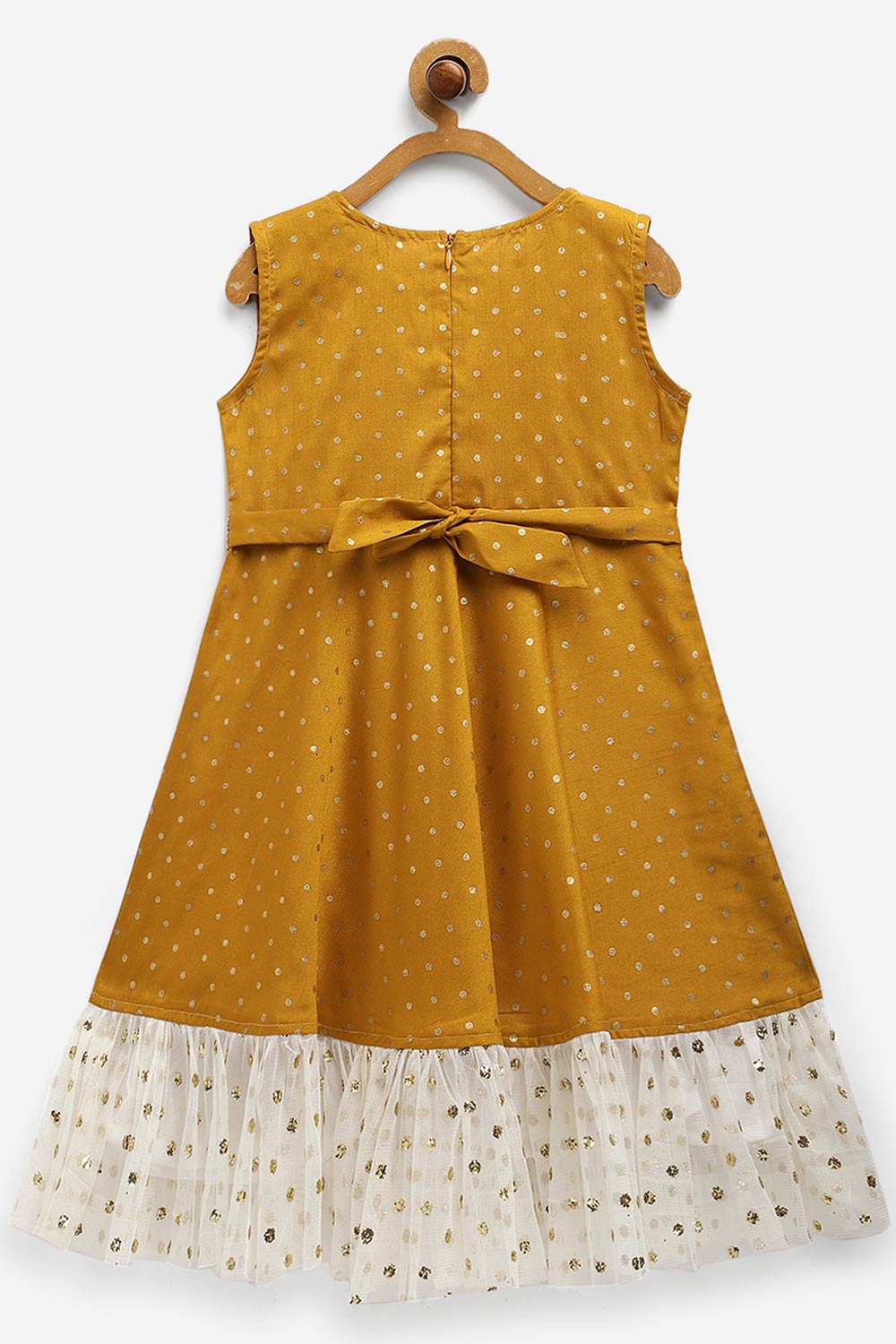Girls Mustard Poly Silk Gold Foil Print Kids Dress Kurta