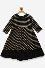 Girls Black Georgette Gold Print Kids Kurta Dress