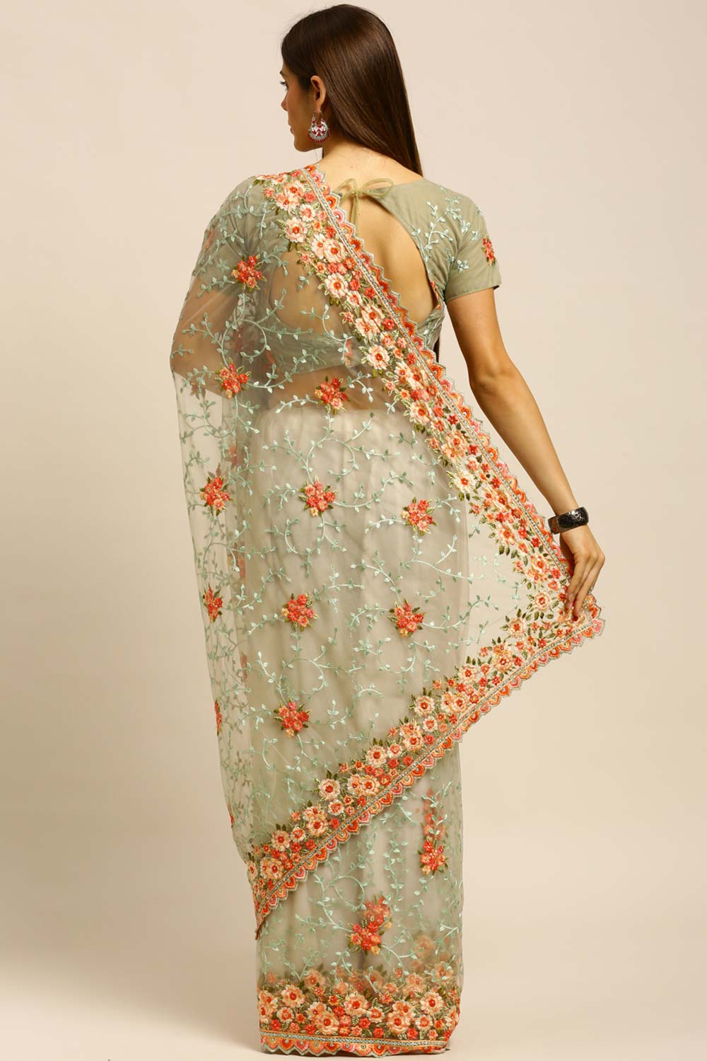 Net Embroidered Saree In Light Green