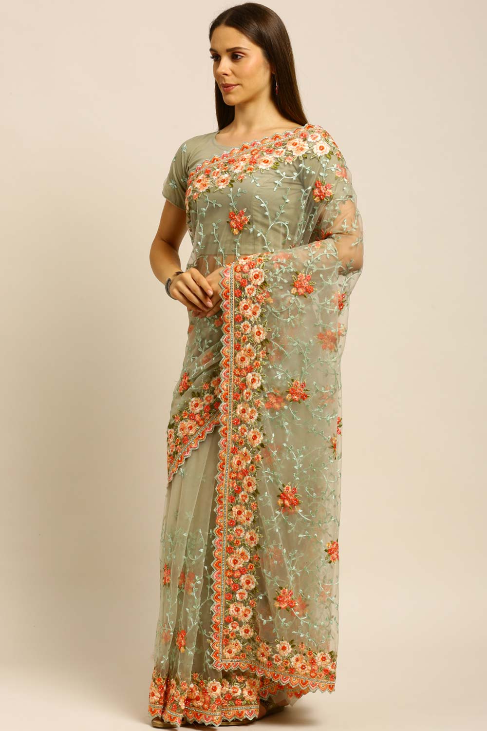 Net Embroidered Saree In Light Green