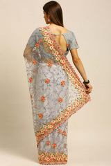 Net Embroidered Saree In Grey