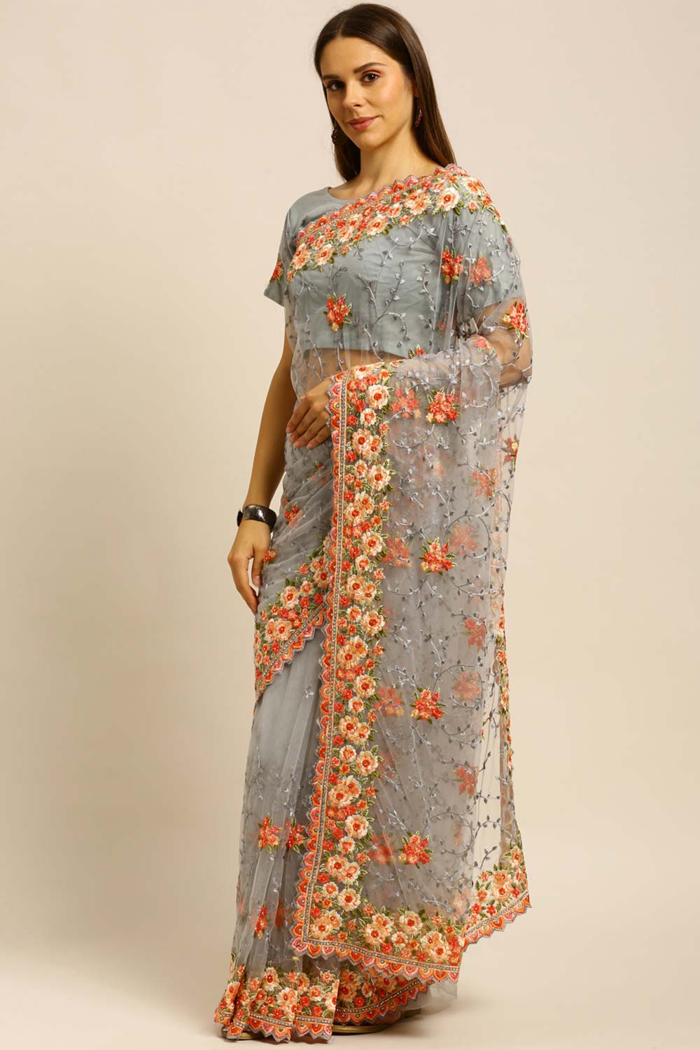 Net Embroidered Saree In Grey