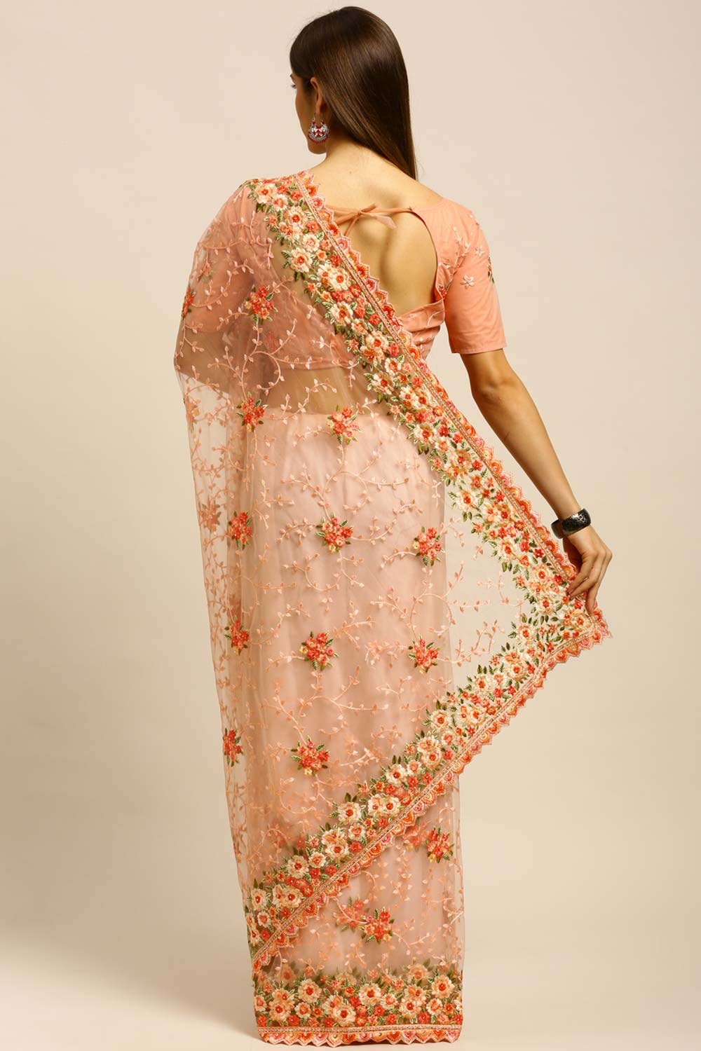 Net Embroidered Saree In Peach