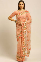 Net Embroidered Saree In Peach