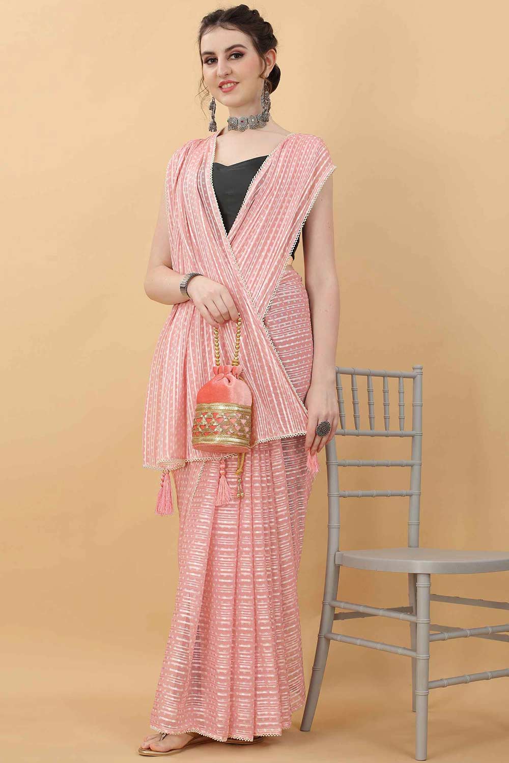 Printed Design Pink Color Satin Silk Fancy Saree