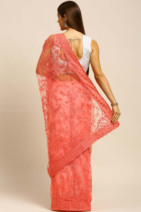 Net Embroidered Saree In Peach