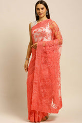 Net Embroidered Saree In Peach