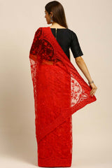 Net Embroidered Saree In Red