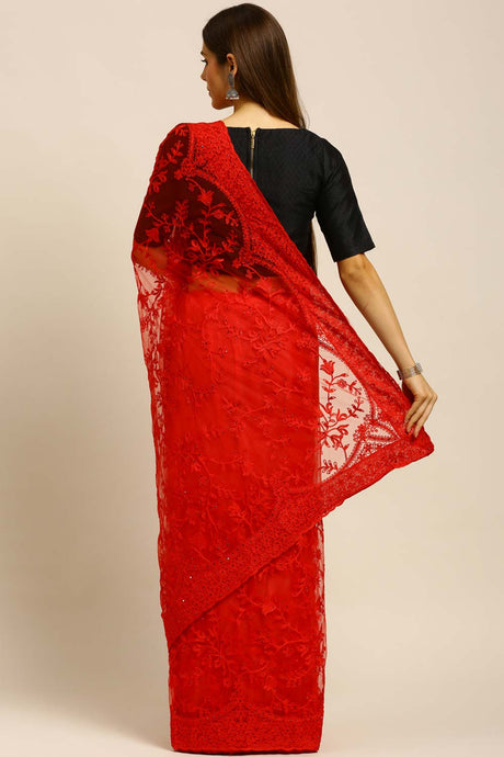 Net Embroidered Saree in Red