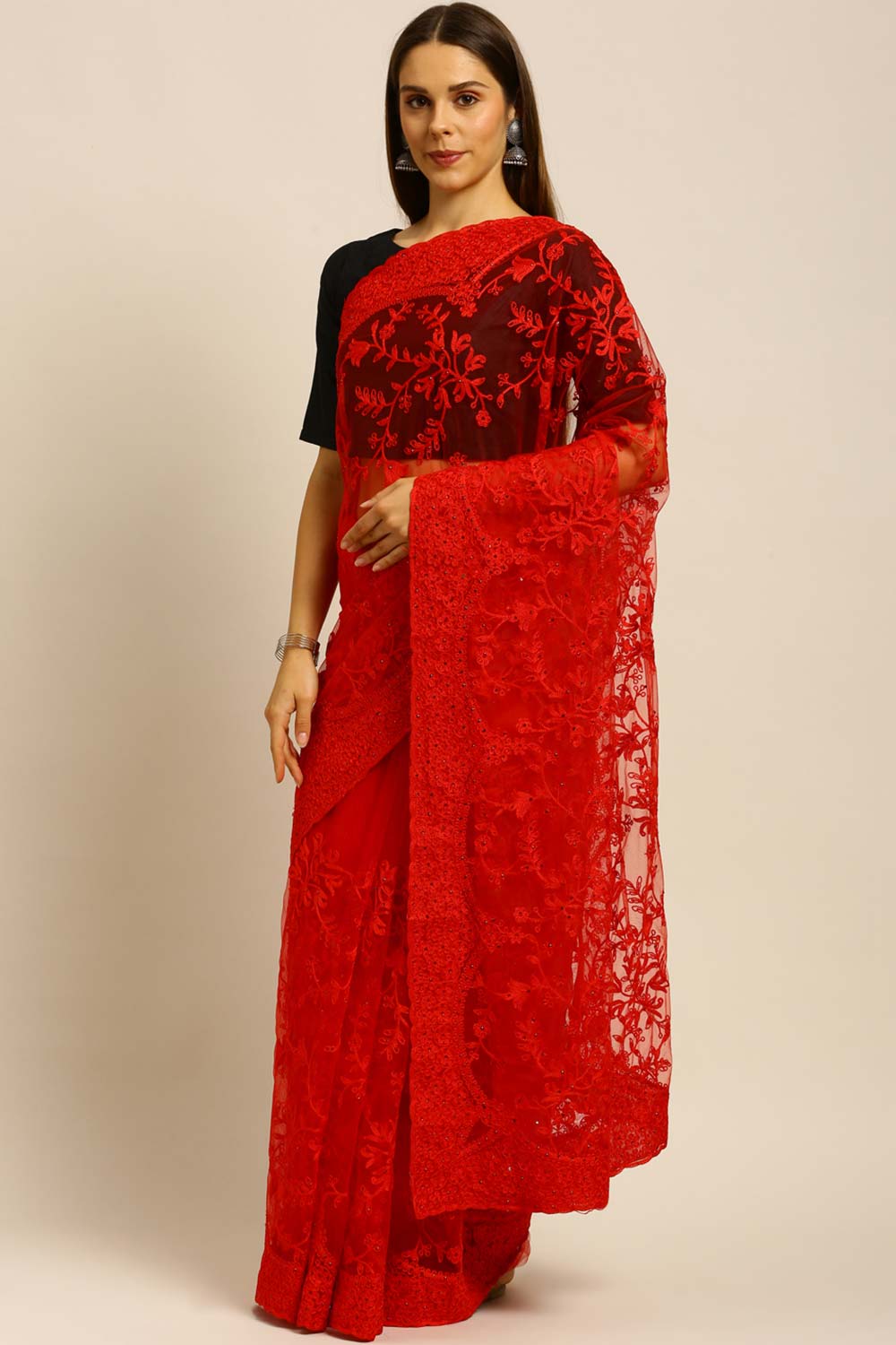 Net Embroidered Saree In Red