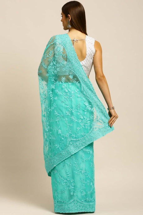 Net Embroidered Saree In Sky Blue