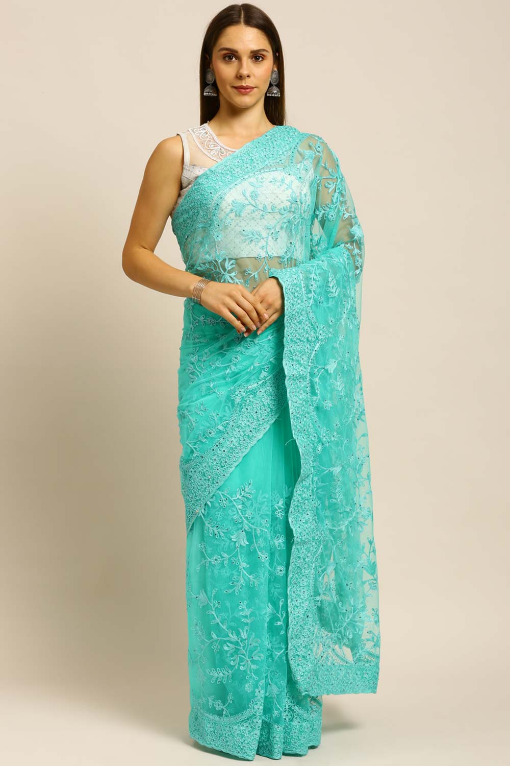 Net Embroidered Saree In Sky Blue