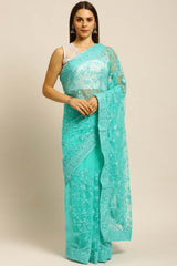 Net Embroidered Saree In Sky Blue