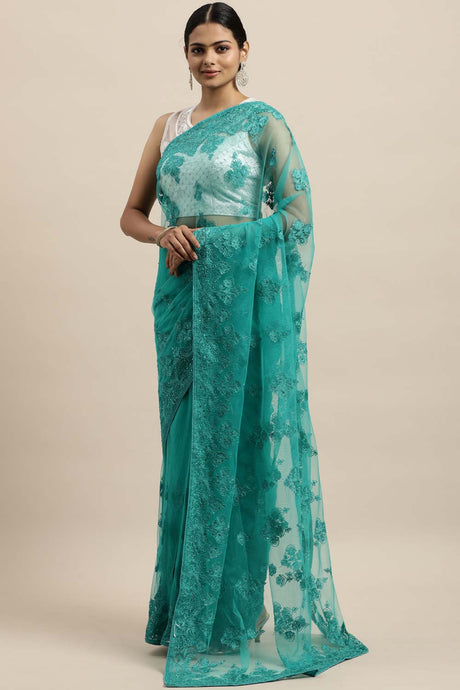 Net Embroidered Saree In Blue