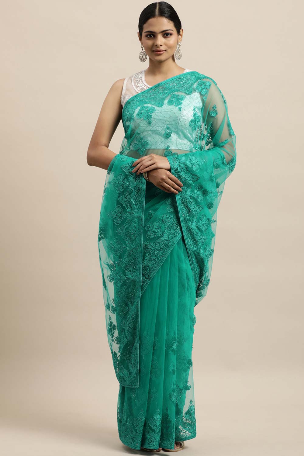 Net Embroidered Saree In Blue