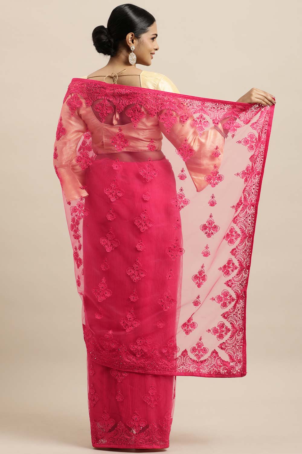 Net Embroidered Saree In Gajri