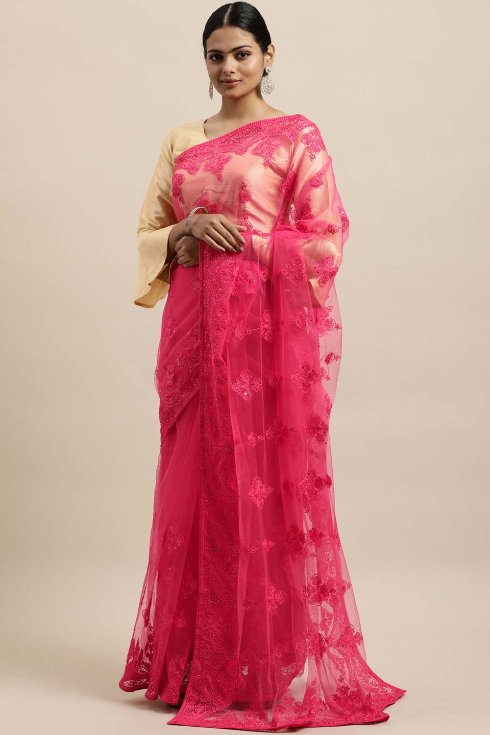 Net Embroidered Saree In Gajri