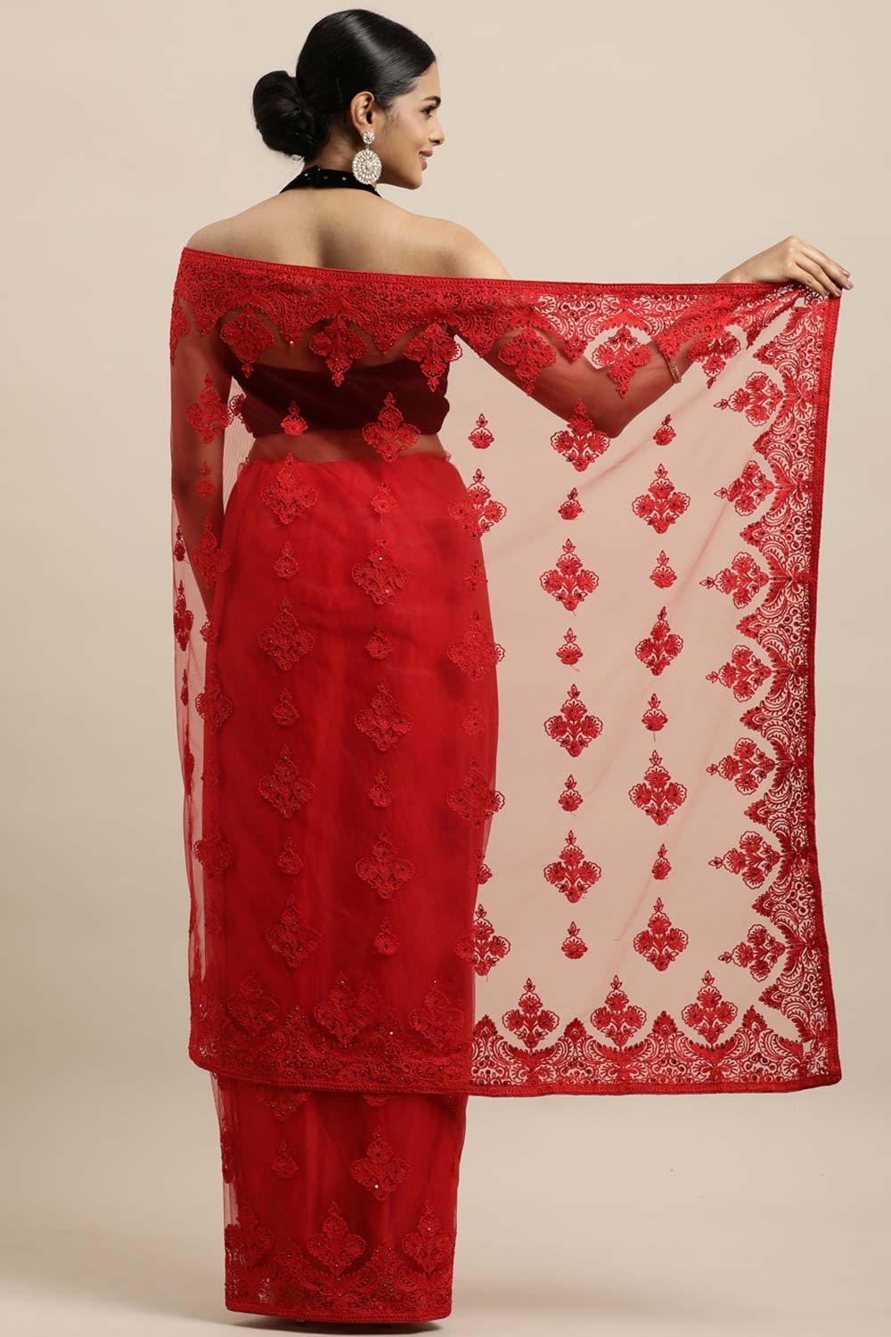 Net Embroidered Saree In Red