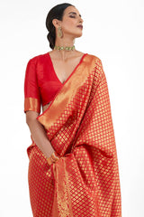 Deep Orange Handloom Weaving Art Silk  Saree