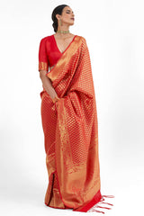 Deep Orange Handloom Weaving Art Silk  Saree