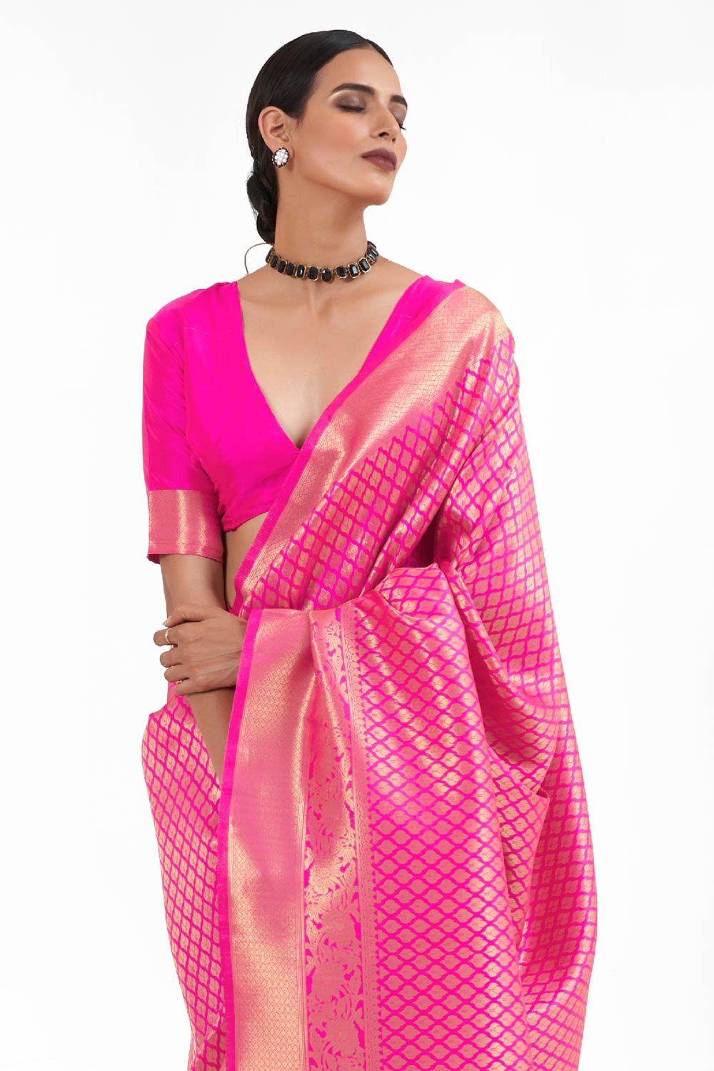 Dark-Pink Handloom Weaving Art Silk  Saree