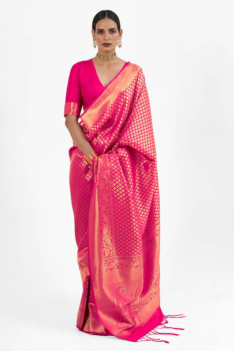 Deep-Pink Handloom Weaving Art Silk  Saree