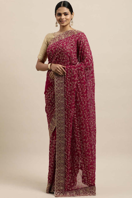 Georgette Embroidered Saree In Cherry