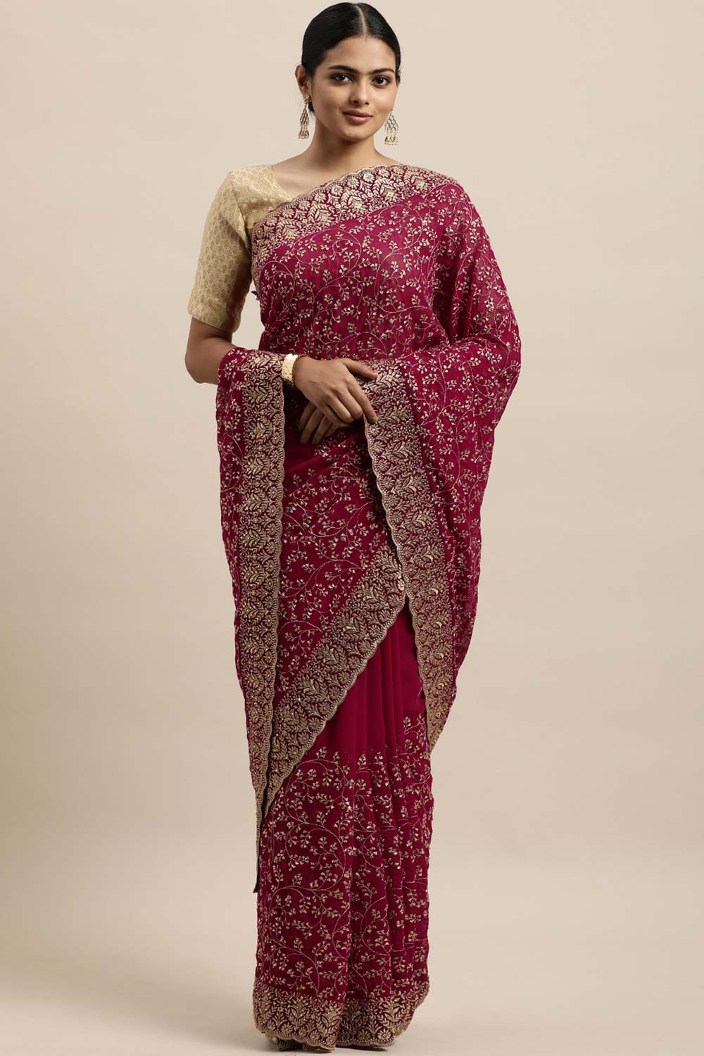 Georgette Embroidered Saree In Cherry