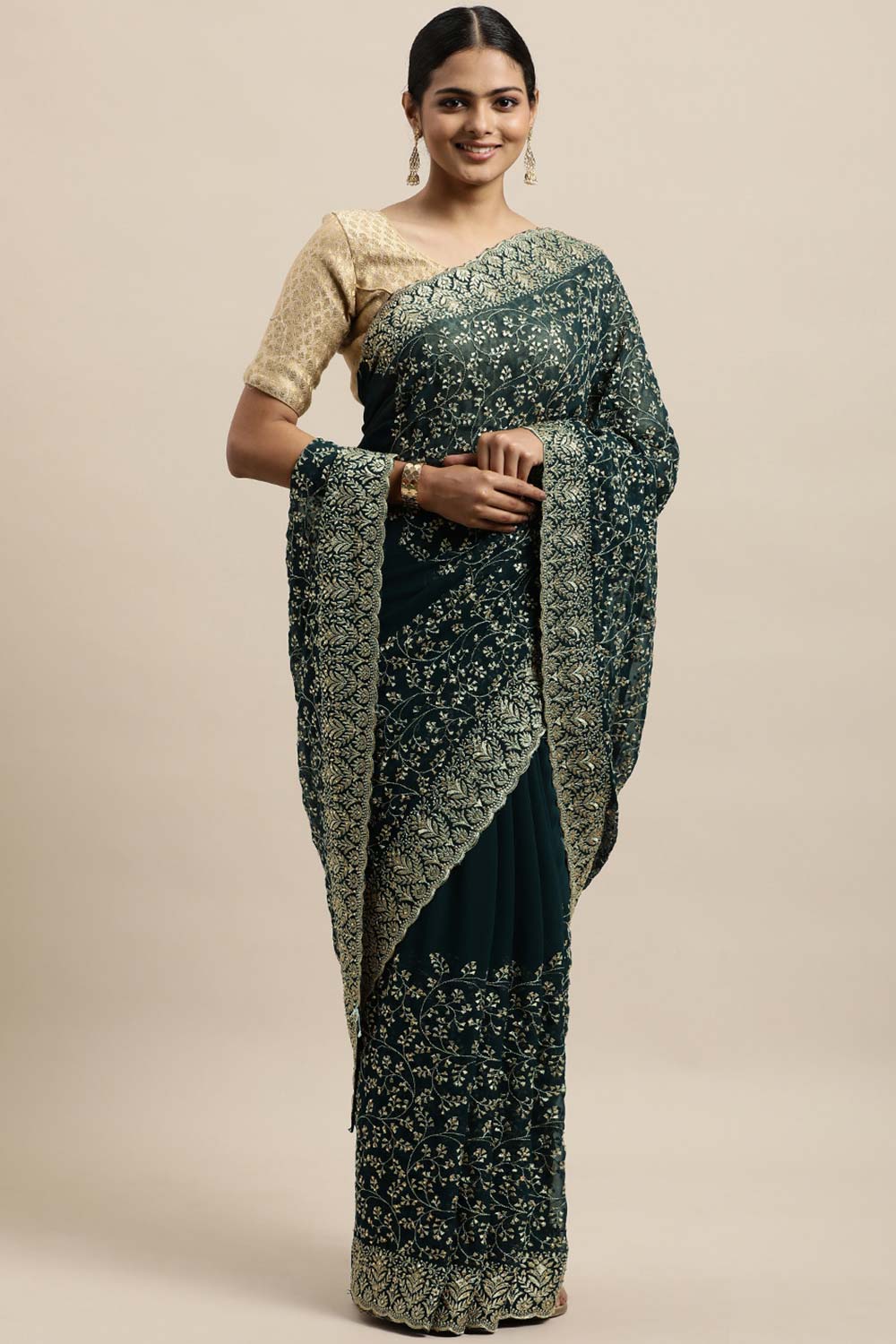 Georgette Embroidered Saree In Petrol Blue