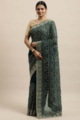 Georgette Embroidered Saree In Petrol Blue