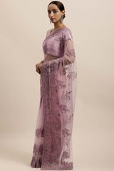 Net Embroidered Saree In Light Purple