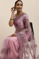 Net Embroidered Saree In Light Purple