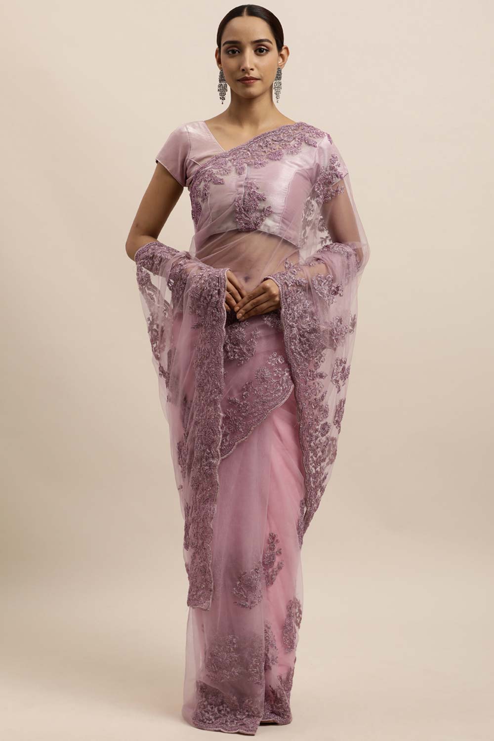 Net Embroidered Saree In Light Purple