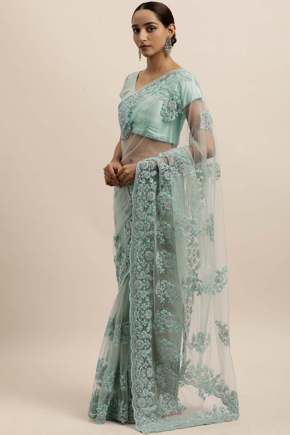 Net Embroidered Saree In Blue