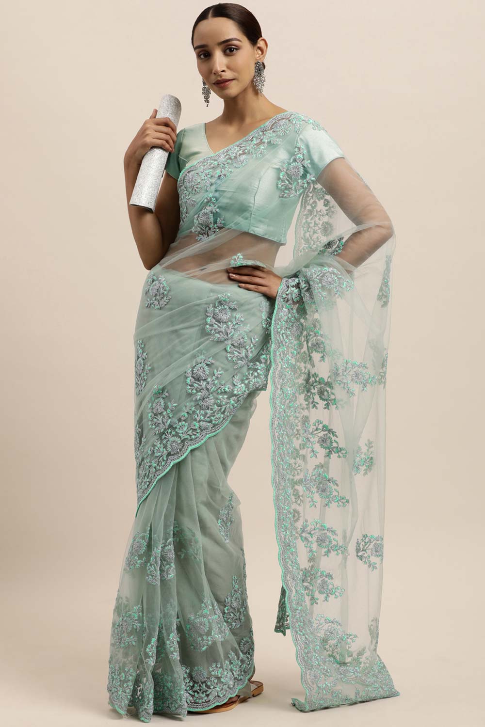 Net Embroidered Saree In Blue