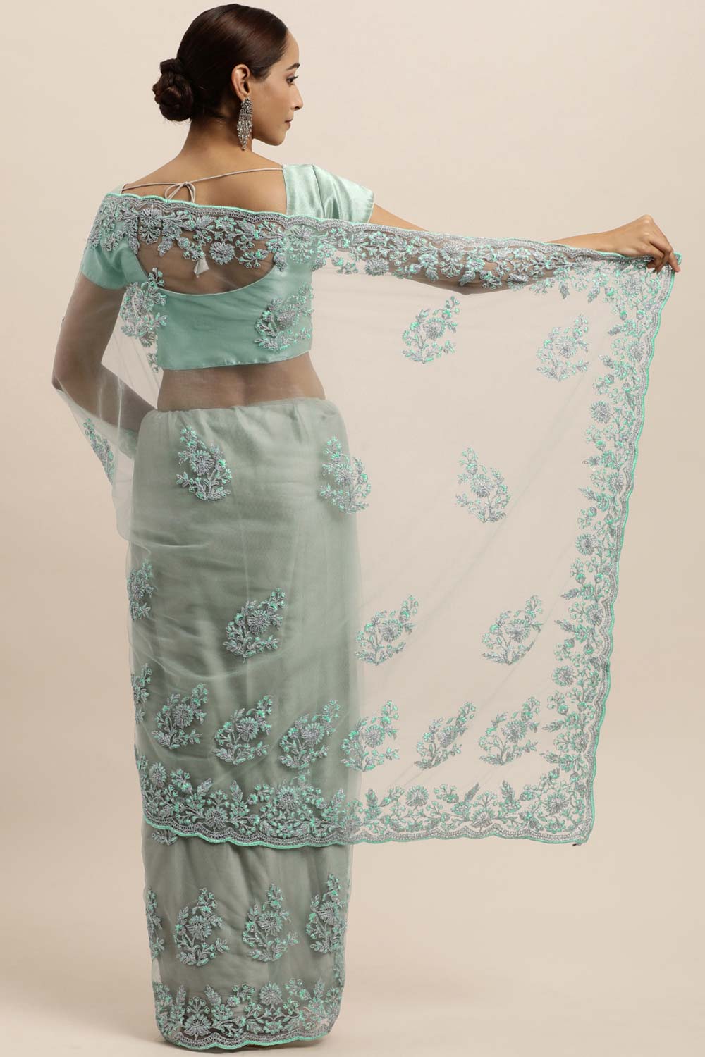 Net Embroidered Saree In Blue