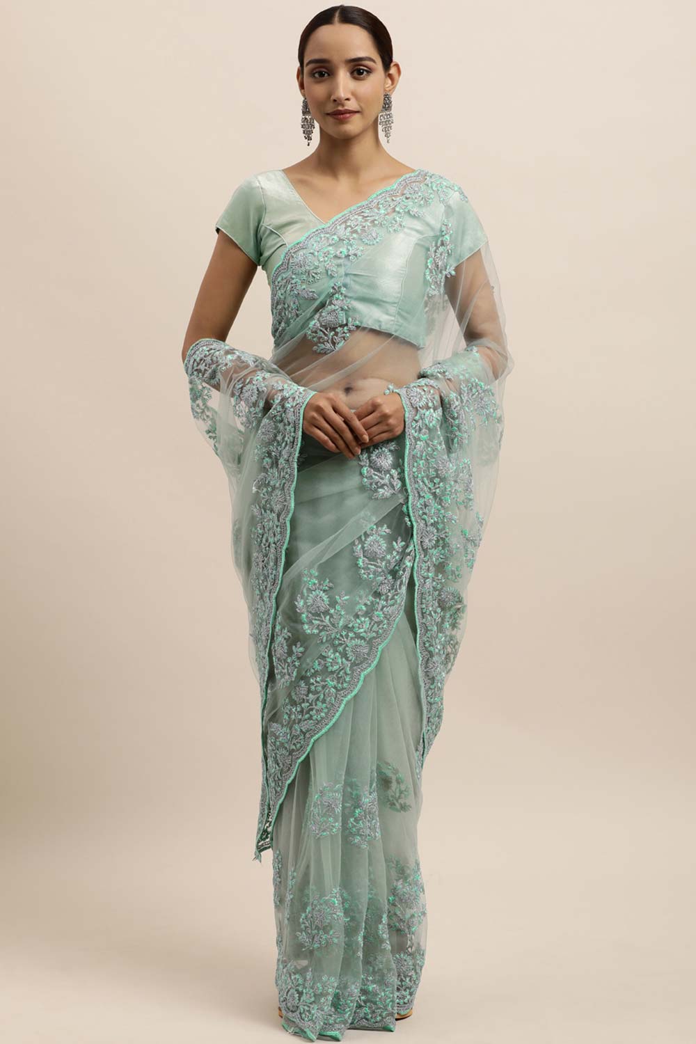 Net Embroidered Saree In Blue