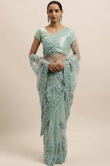 Net Embroidered Saree In Blue