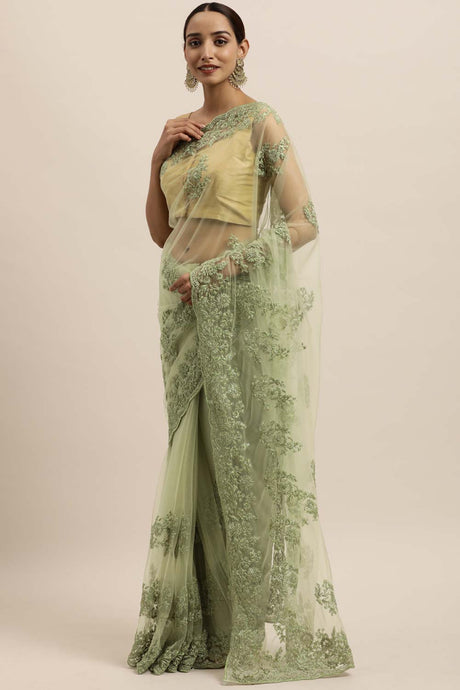 Net Embroidered Saree In Olive Green