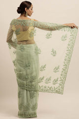 Net Embroidered Saree In Olive Green