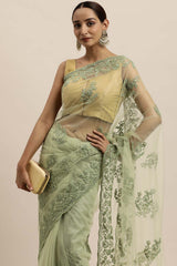 Net Embroidered Saree In Olive Green